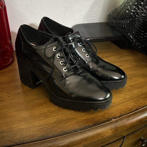 Zara Trafaluc Black Faux Leather Lace Up Chunky Platform Ankle Boot - Picture 1 of 8